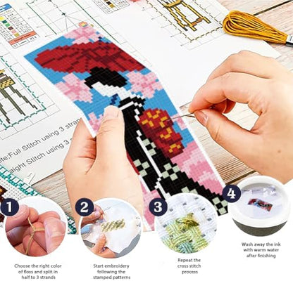 ACRNIGHEET 6PCS Cross Stitch Bookmark Kit for Beginner Stamped Cross Stitch Kits for Adults Japanese DIY Tassel Embroidery Bookmark Kits Needlepoint Kit with Instructions Craft Gift 8.5''x3'' 11CT - Image 4