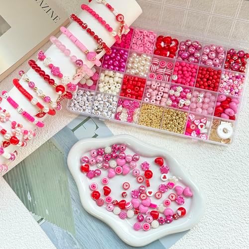 1800PCS+ Valentine’s Day Beads for Bracelets Jewelry Making Set, Pink Red Polymer Clay Beads Assorted Pearl Acrylic Heart Bead Letter Spacer Flower Bead and Heart Charms for Necklace Bracelets Making - Image 2