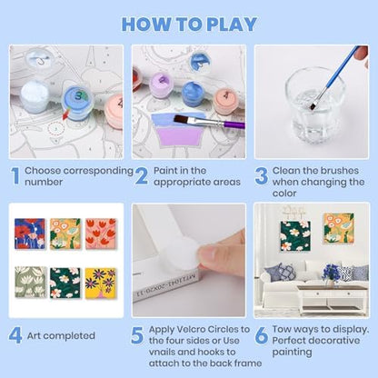 Bowetile 6 Pack Paint by Numbers for Adults Beginners Framed, Flowers Adults' Paint-by-Number Kits, Easy Adult Paint by Number Kits on Canvas, Acrylic Number Painting for Home Decor, 8x8in - Image 7