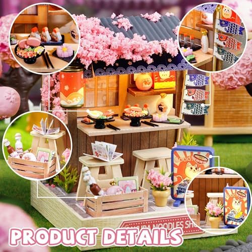 Kisoy Dollhouse Miniature with Furniture Kit, DIY 3D Wooden DIY House Kit with Dust Cover, Handmade Tiny House Toys for Teens Adults Gift (Sakura Noodles Shop) - Image 3
