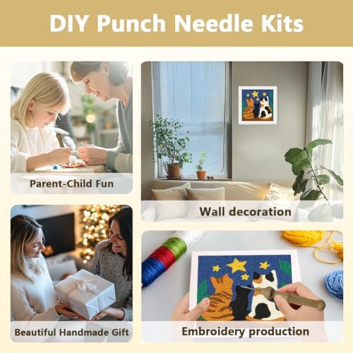 DOODLREAM Cats Stars DIY Punch Needle Embroidery Kit for Adult Beginner, 9.4" Kitten Animal Punch Stitching Craft Set for Starter with Frame,Fabric Pattern,Threader, Yarn, Pinch Needle - Image 4