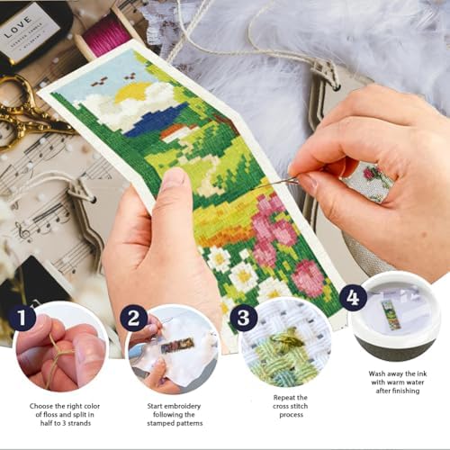 INFUNLY 6 Set Spring Scenery DIY Cross Stitch Bookmark Kits for Adults Wildflowers Counted Cross Stitch Kit with Instructions Landscape Stamped Embroidery Bookmark Kit for Book Lovers Readers Gift - Image 4