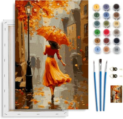 Spandrel Autumn Lady Framed Paint by Numbers Kit for Adult, Adult Paint by Number Kits on Canvas Street Scene, DIY Acrylic Oil Thanksgiving Painting by Numbers for Home Wall Decor, 8x12in by Unknown
