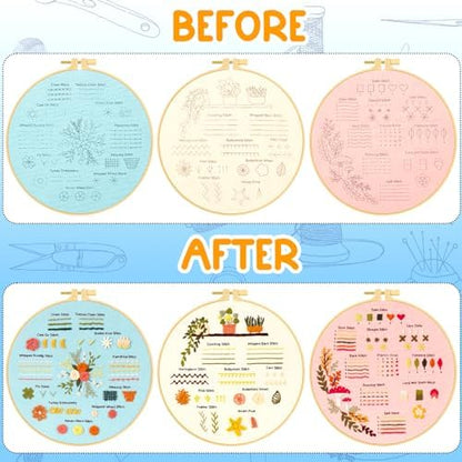 Ponpon 3 Sets Embroidery Kit for Beginners, Embroidery Kit for Adults with Follow Instruction, Cross Stitch Kits with Wooden Embroidery Hoops (Stlye B) - Image 3
