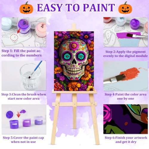 NAIMOER Halloween Paint by Numbers Kits for Adults Beginner with Wooden Framed, Skull Flowers Color by Numbers on Canvas Painting Kits for Adults, Easy Paint DIY Acrylic for Home Wall Decor 8X12 Inch - Image 6