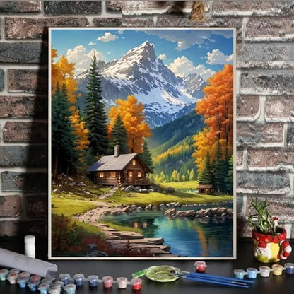 ldazao Mountain Paint By Numbers Kit for Adults Beginner with Frame Wooden Easel Cabin Adult Paint By Number Kits On Canvas for Gift Home Wall Decor 16x20 Inch - Image 2