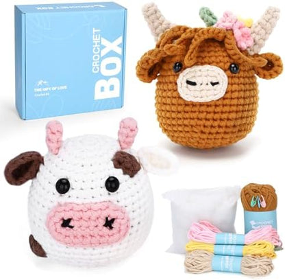 CrochetBox Brown Highland Cow and Cow Crochet Kit for Beginners, 2 PCS Set by CROCHETBOX