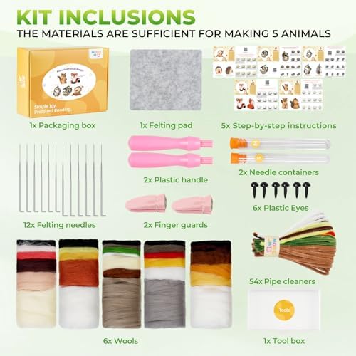 MOREJMTT Needle Felting Kit, 5 PCS Animal Needle Felting Beginner Kits, Wool Felt Needle Felting Tools Foam Pad, Craft Party Supplies for Beginners Adult(Forest Animals) - Image 2