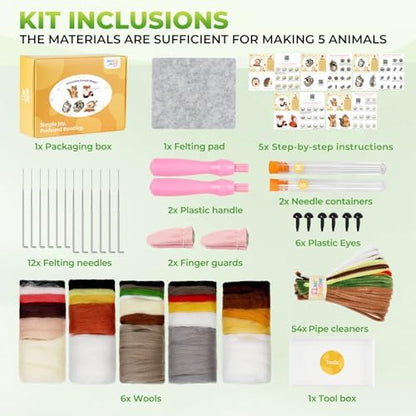 MOREJMTT Needle Felting Kit, 5 PCS Animal Needle Felting Beginner Kits, Wool Felt Needle Felting Tools Foam Pad, Craft Party Supplies for Beginners Adult(Forest Animals) - Image 2