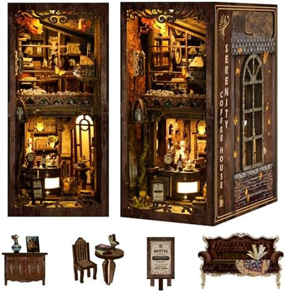 Book Nook Serenity Coffee House 3D Wooden DIY Miniature Kit with LED Lighting - Vintage Bookshelf Decor for Adults - Image 2