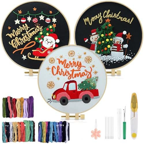 TINDTOP Christmas Embroidery Kit for Adult Beginners, 3 Sets Embroidery Stitch Practice kit Include Embroidery Cloth Hoops Threads for Craft Lover Hand Stitch by TINDTOP