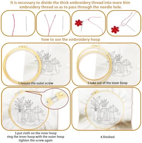 BEUNITONE Kitten Embroidery Kit for Beginenrs Hand Sewing Embroidery Kits with Cat Pattern DIY Embroidery Kit with Kitten Colourful Threads Needles Instructions - Image 3