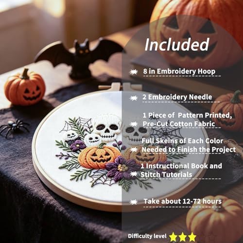 FONNUY Halloween Embroidery Kits for Beginners,Skull Pumpkin Spider Web Floral Stamped Cross Stitch Kit for Adults, Spooky Season Boho Wall Decor, 8'' Hoop (Skull) - Image 2