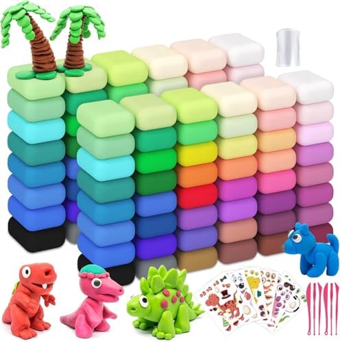 Air Dry Clay 96PCS (2x48Colors), Modeling Clay for Kids with 12 Sheets Dinosaur Stickers & 6PCS Sculpting Tools, Safe & Non-Toxic, DIY Molding Clay Gift for Boys and Girls by Pexzey