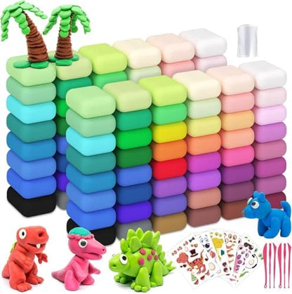 Air Dry Clay 96PCS (2x48Colors), Modeling Clay for Kids with 12 Sheets Dinosaur Stickers & 6PCS Sculpting Tools, Safe & Non-Toxic, DIY Molding Clay Gift for Boys and Girls by Pexzey