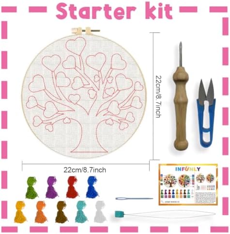 INFUNLY 2 Set Tree of Life Punch Needle Kit for Beginners Tree of Love Punch Needle Embroidery Kits for Adults DIY Punch-Stitching Kit with Instruction Threader Needles Hoop for Wall Decor 8.7''x8.7'' - Image 2