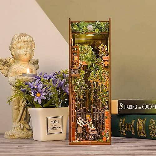Tonecheer DIY Book Nook Kit for Adults, 3D Wooden Puzzle Bookend Bookshelf Insert Decor, Booknook Miniature House Kit with Body Motion Sensor LED Light (The Secret Garden) - Image 5