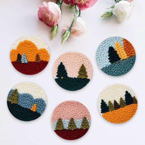 Starter Needle Coasters Kit, Punch Needle Embroidery DIY Set for Beginners Adults, Easy Coasters Kit with Adhesive Felt, Yarns, Embroidery Hoop (Multi landscape2) - Image 3
