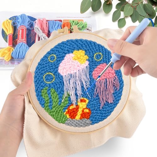 ERKOON Punch Needle Kit Adults Beginners, DIY Easy Ocean Embroidery Set for Starter Art Craft, Needling Punch Project with Patterns, Tools, Yarns, Hoop, Instruction (Jellyfish) - Image 5