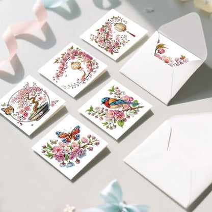 6pcs 5D DIY Diamond Painting Kit Greeting Card, Small Bird Peach Blossom Diamond Handmade Greeting Card with Envelope, Holiday Gift Congratulations - Image 7