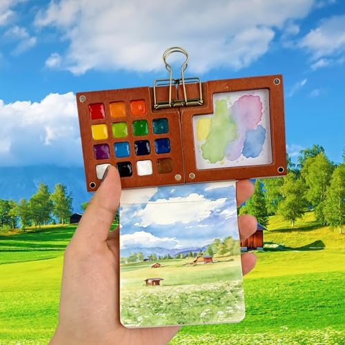 Mini Portable Watercolor Paint Palette Set - 15 Grid Paint Box with Binder Clips Include 24 Colors Watercolor Paint, 5 Brushes & Sketchbook, Travel Drawing Kit for Beginners and Art Enthusiasts - Image 3