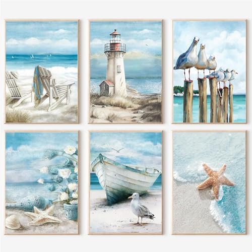 cupmod 6 Packs Beach Paint by Numbers Kit for Adults,Sea Side DIY Acrylic Oil Painting Numbers Kits on Canvas,Watercolor Adults Paint by Numbers Kits for Home Decor 9.8x13.8inch by Cupmod