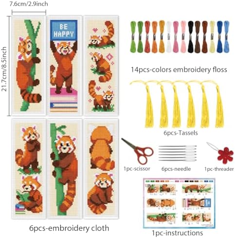 INFUNLY Red Panda Cross Stitch Bookmark Set Reading Pandas Stamped Embroidery Bookmark Kit Sleeping Red Panda Needlepoint Bookmarks Kit DIY Embroidery Bookmarks for Book Lovers Craft Gift - Image 2