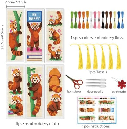 INFUNLY Red Panda Cross Stitch Bookmark Set Reading Pandas Stamped Embroidery Bookmark Kit Sleeping Red Panda Needlepoint Bookmarks Kit DIY Embroidery Bookmarks for Book Lovers Craft Gift - Image 2
