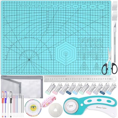 Rotary Cutting Mat and Tools Set, Audab 45mm Fabric Cropping Cutter Wheel with A3 Self Healing Sewing Mat, Blades, Quilting Ruler and Clips, Crafts Knife for Shirt Cloth Patchworking Scrapbooking by Audab