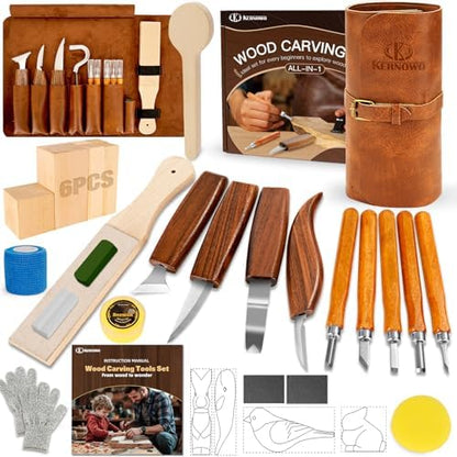 Wood Carving Kit, 32Pcs Wood Carving Tools with Storage Bag, Wood Whittling Knife Kit with 4pcs Templates & 11pcs Wood Carving Knives for Wood DIY Beginners by KKERNOWO