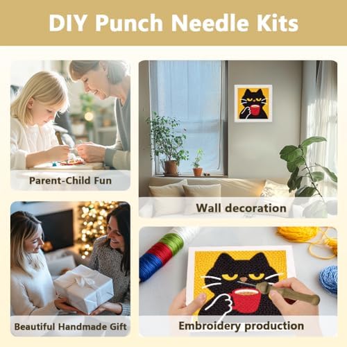 DOODLREAM Cat Drinking Coffee Needle Kit for Beginner, 9.4"x 9.4" Cute Black Cat Punch Stitching Craft Set, Color DIY Embroidery Starter with Printed Frame, Instruction, Threader, Yarn, Pinch Needle - Image 4