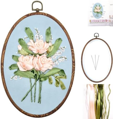 FONNUY Ribbon Embroidery 3D Flowers Pattern Design Kit Embroidery DIY Handwork Set Oval Home Decoration (Champagne Rose) by FONNUY
