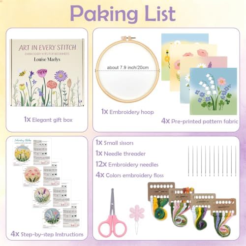 Louise Maelys 4 Pack Watercolor Floral Embroidery Kit for Beginners - Image 4