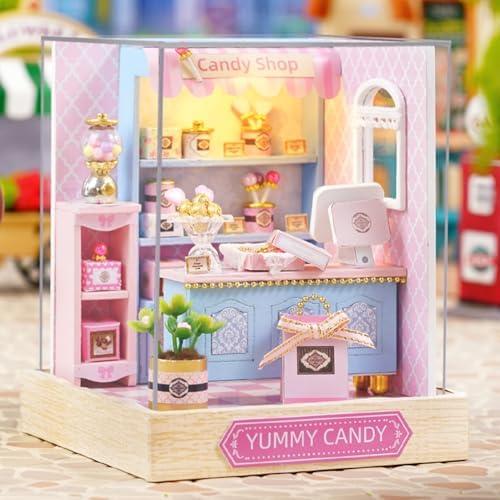 DIY Miniature Dollhouse Kits - Wooden Mini Model House with LED Lights, Tiny Furniture & Accessories – Craft Building Kits for Teens & Adults (Yummy Candy Shop) – Birthday Valentine's Gift by ESTUSR