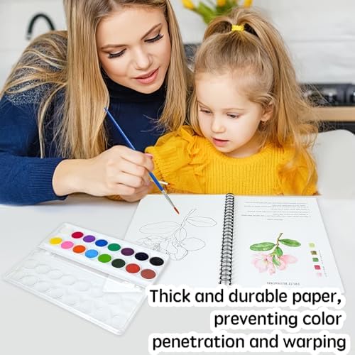 SLWBZ Watercolor Workbook Flower Plants, 15 Different Patterns of Original DIY Designs, 16 Color Watercolor Paint Plates with Palette and Brush, Beginner-Friendly Watercolor Workbooks, Plants - Image 4