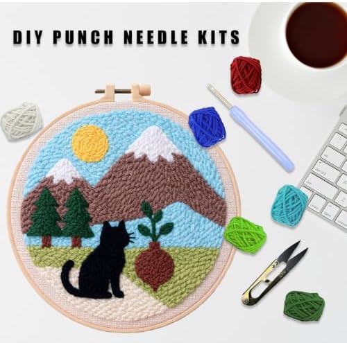HYINUS DIY Punch Needle Kit for Beginners, All-in-One Embroidery Starter Set for Adults & Teens with Pre-Stamped Fabric, Soft Yarn & Adjustable 7.87IN Hoop for Wall Art & Home Decor Craft (Black Cat) - Image 2