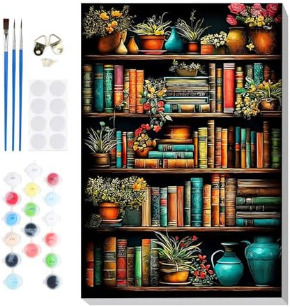 Bowetile Framed Paint by Numbers Bookshelf for Adults Beginners, Adults' Paint-by-Number Kits, Easy Adult Paint by Number Kits on Canvas, Acrylic Bookshelf Number Painting for Home Decor, 8x12in by BOWETILE