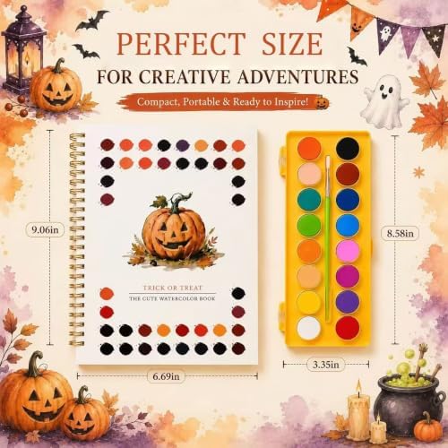 Halloween Pumpkin Watercolor Workbook, 16 Colors, 3 Brushes - Image 4