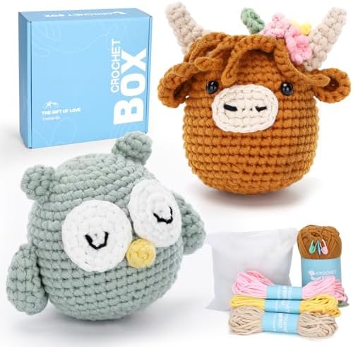 CrochetBox Brown Highland Cow and Owl Crochet Kit for Beginners, 2 PCS Set by CROCHETBOX