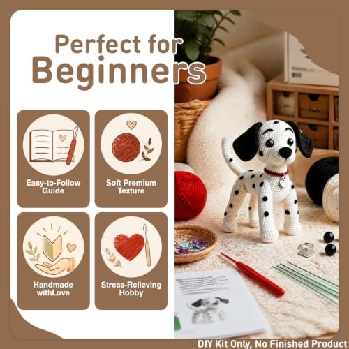 DIY Crochet Dalmatian Dog Kit for Beginners – Amigurumi Spotted Dog Stuffed Animal Knitting Kit with Yarn, Safety Eyes, Heart Tag & Instructions – Easy Beginner Crochet Craft Gift for Adults - Image 4