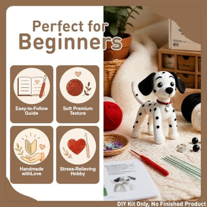 DIY Crochet Dalmatian Dog Kit for Beginners – Amigurumi Spotted Dog Stuffed Animal Knitting Kit with Yarn, Safety Eyes, Heart Tag & Instructions – Easy Beginner Crochet Craft Gift for Adults - Image 4