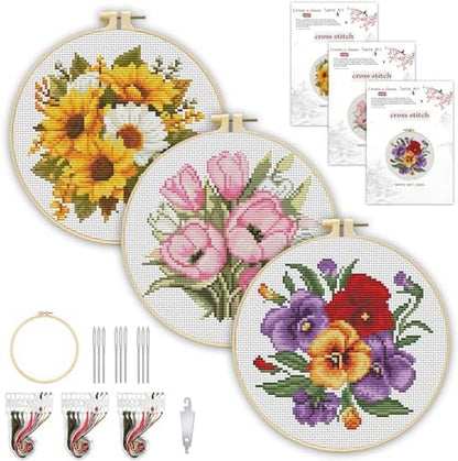 TCDZMYGS 3 Pack Flower Cross Stitch Kits for Beginners,with Hoop 8x8in by TCDZMYGS