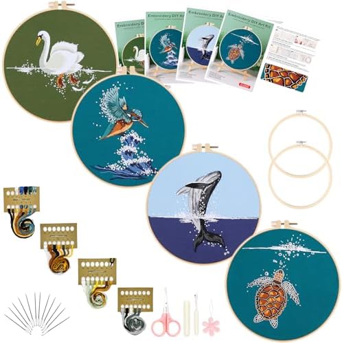 Picoey Embroidery Kit for Beginners with Animal Pattern and Instructions,4 Pack Cross Stitch Kits,2 Wooden Embroidery Hoops,Threads and Needles,Needlepoint Kit by Picoey