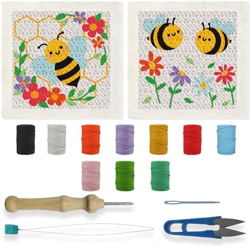 BEUNITONE 2 Sets DIY Punch Needle Kits for Beginners,Bee Pre-Printed Pattern,Embroidery Punch Needle Starter Kits for Adults,Includes Pre-Printed Cloth,Yarns,Hoops,Threader and Instructions by BEUNITONE