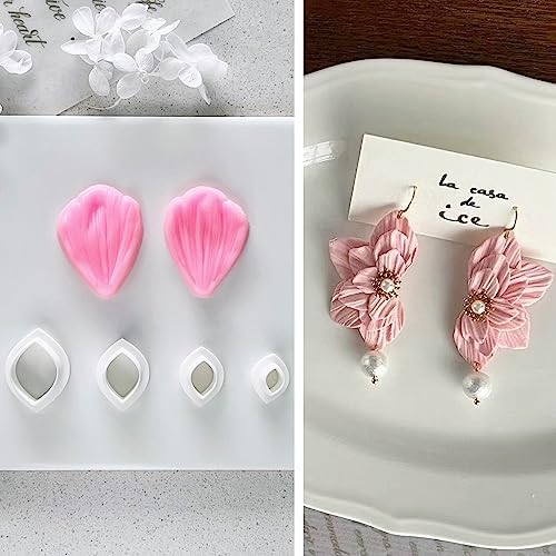 meeeyya Flower Petal Clay Cutters for Earrings Making, 4pcs Clay Cutters with 1pcs Petal Press Polymer Clay Mold, for Polymer Clay Jewelry Making by Meeeyya