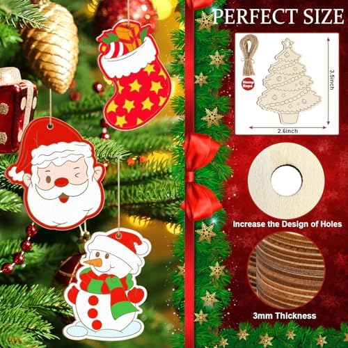 80PCS Wooden Christmas Ornaments to Paint,10 Styles DIY Blank Unfinished Reindeer Santa Claus Christmas Tree Ball Snowman Snowflake Wreath Gift Christmas Stocking Cutouts Ornament for Crafts Winter - Image 7
