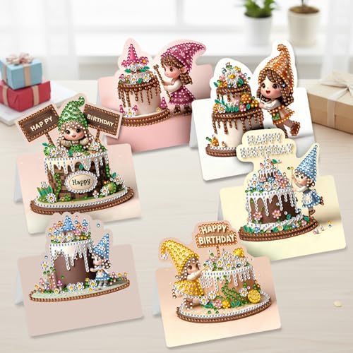 C'eitura 6Pcs 5D Diamond Art Painting Birthday Cards Kit, DIY Cute Girl Birthday Cake Special Shaped Gem Art Greeting Cards with Envelopes, Handmade Gift for Adults - Image 3