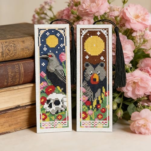 INFUNLY 6 Pack Night Animal Cross Stitch Bookmark Kit with Tassels, Stamped Pre-Printed Moon Star Embroidery for Adults Beginners, DIY Tool Set with Floss Scissors, Craft Gift for Book Lovers - Image 6