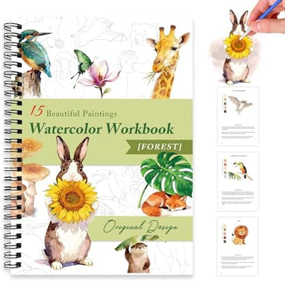 Watercolor Workbooks for Adults Beginners & Teens, 16 Colors 15 Beautiful Paintings, Pre-Outlined Designs, Easy Watercolor Art Book（Without Palette Forest） by Terself