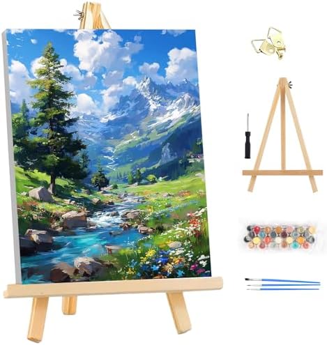 EOBROMD Framed Paint by Numbers Kits for Adults with Wooden Easel, Landscape Mountain DIY Acrylic Paint by Number on Stretched Canvas, Painting Kits Adults Oil by Numbers for Home Decor 10x14 Inch by EOBROMD